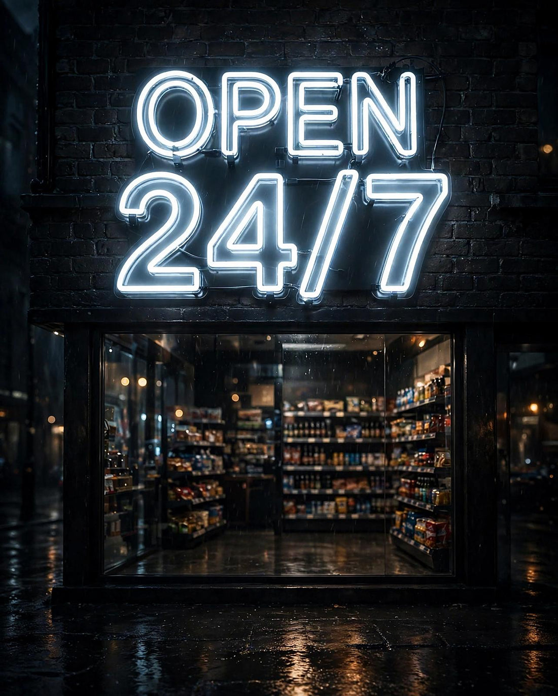 Open 24/7 · LED Neon — Weiß