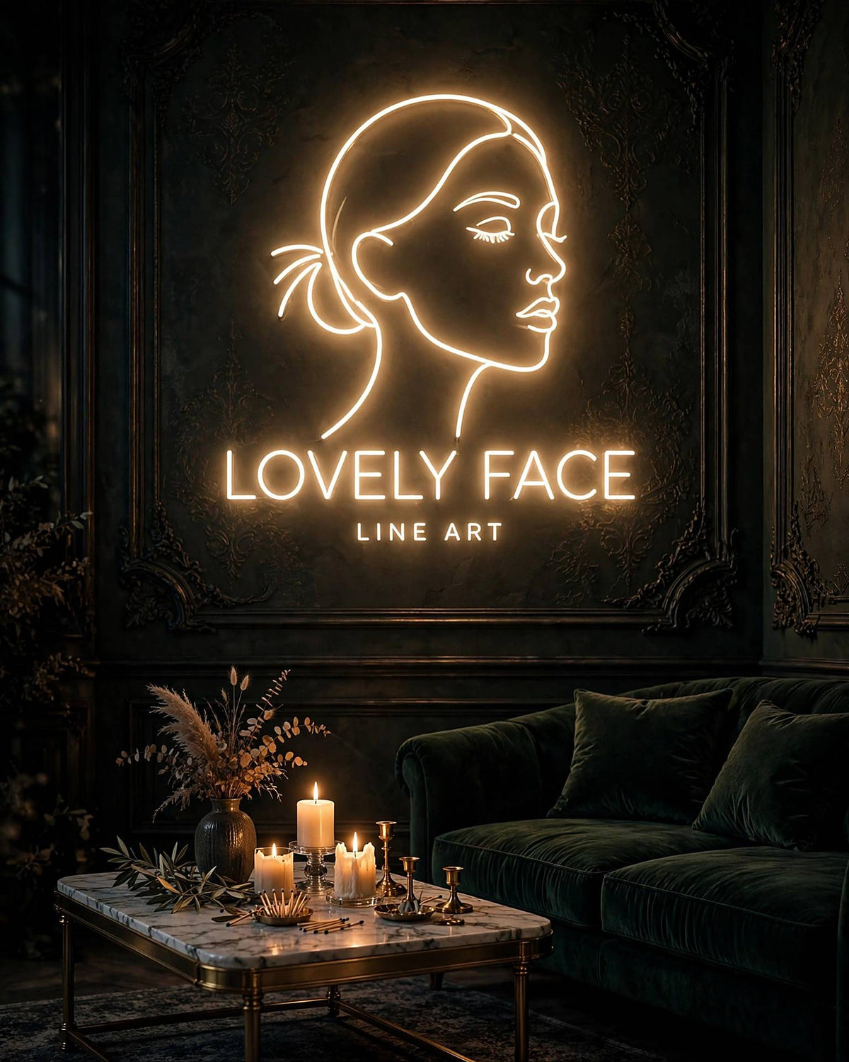 Lovely Face Line Art · LED Neon — Warmweiß