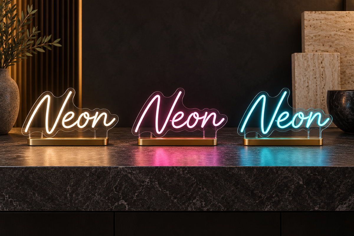 Designvisualisierung: drei vollständige Neon-Schriftzüge in Warmweiß, Pink und Cyan