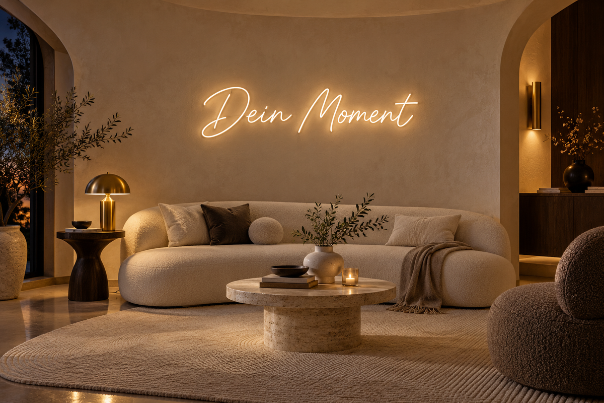 Designvisualisierung: Dein Moment in warmweißem Neon über einer cremefarbenen Lounge