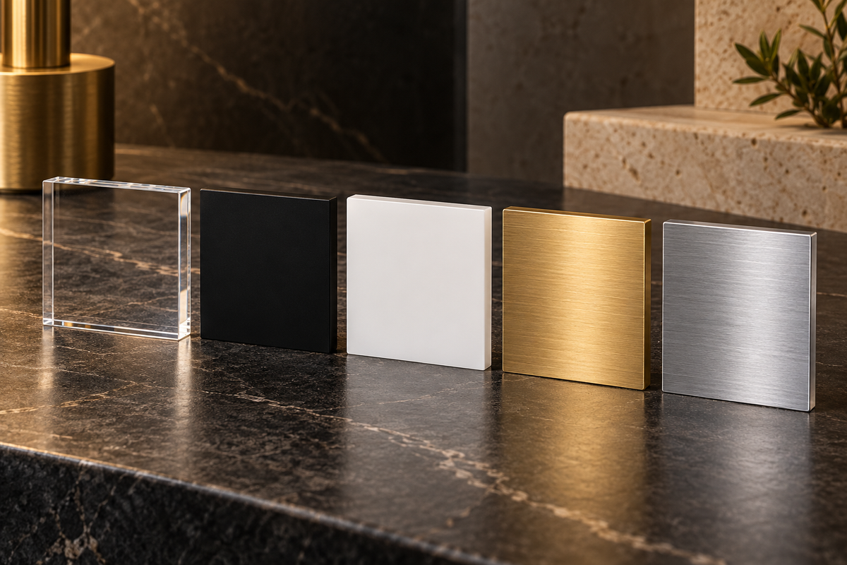Designvisualisierung: fünf Oberflächenmuster in Klar, Schwarz, Weiß, Gold-Look und Silber-Look