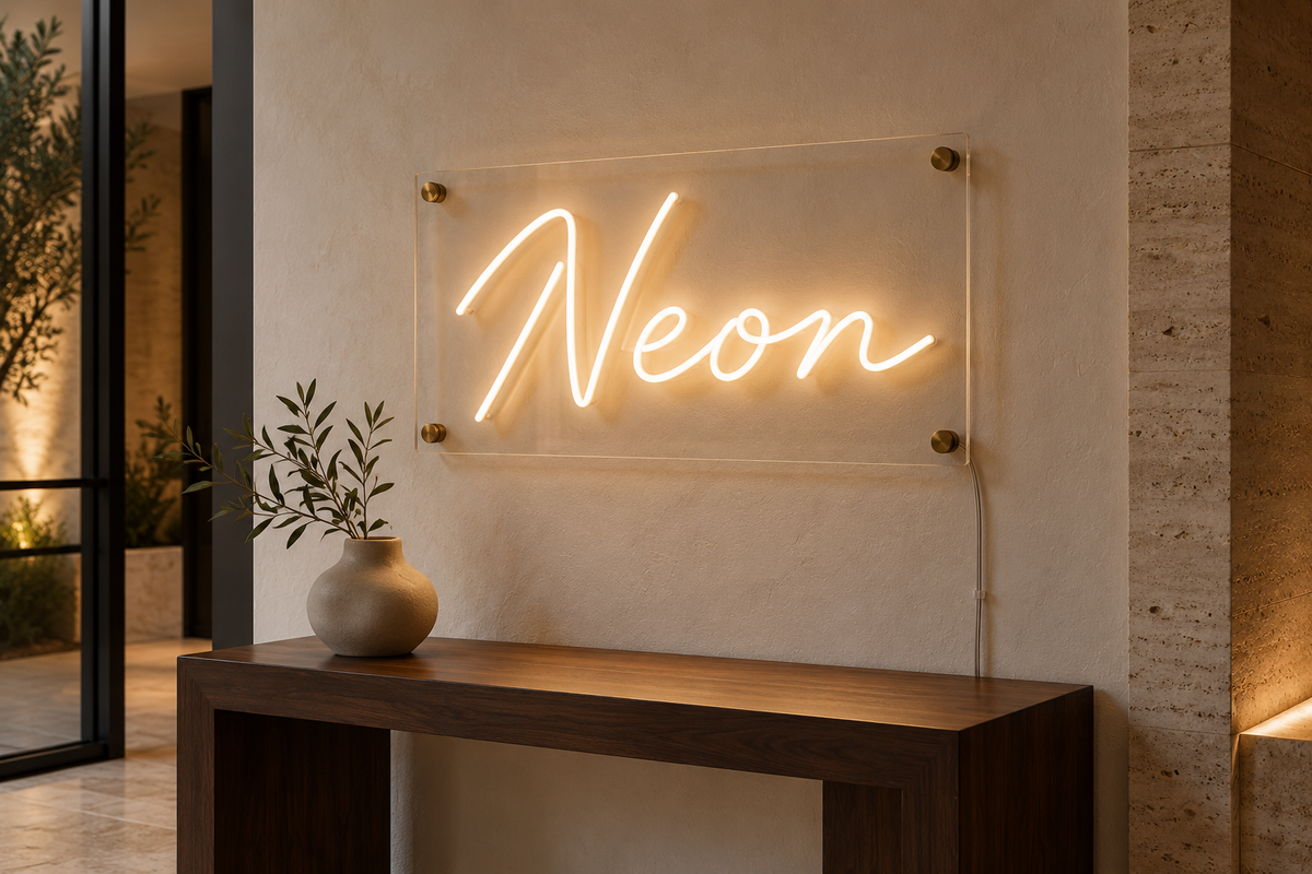 Designvisualisierung: vollständiges Neon auf einer Acryl-Rückwand mit vier Wandabstandhaltern