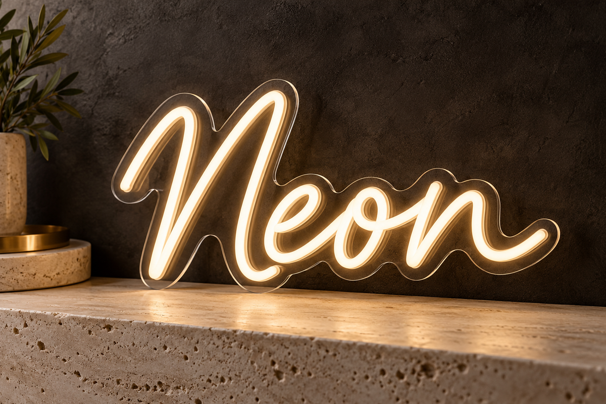 Designvisualisierung: warmweißes Neon mit transparenter Rückwand entlang der Schriftkontur