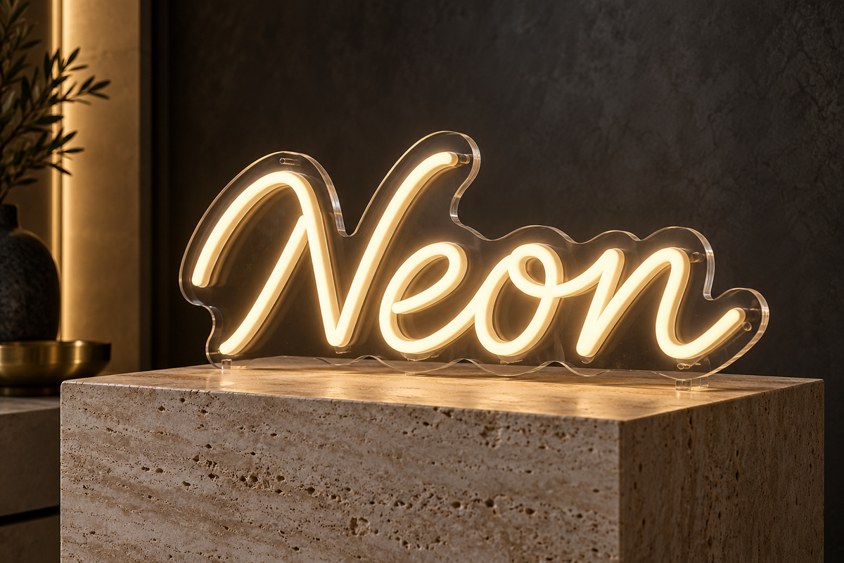 Designvisualisierung: warmweißes Neon auf Acryl, mit sichtbarer Leuchtlinie und Kante