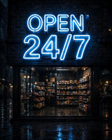 Open 24/7 · LED Neon — Blau