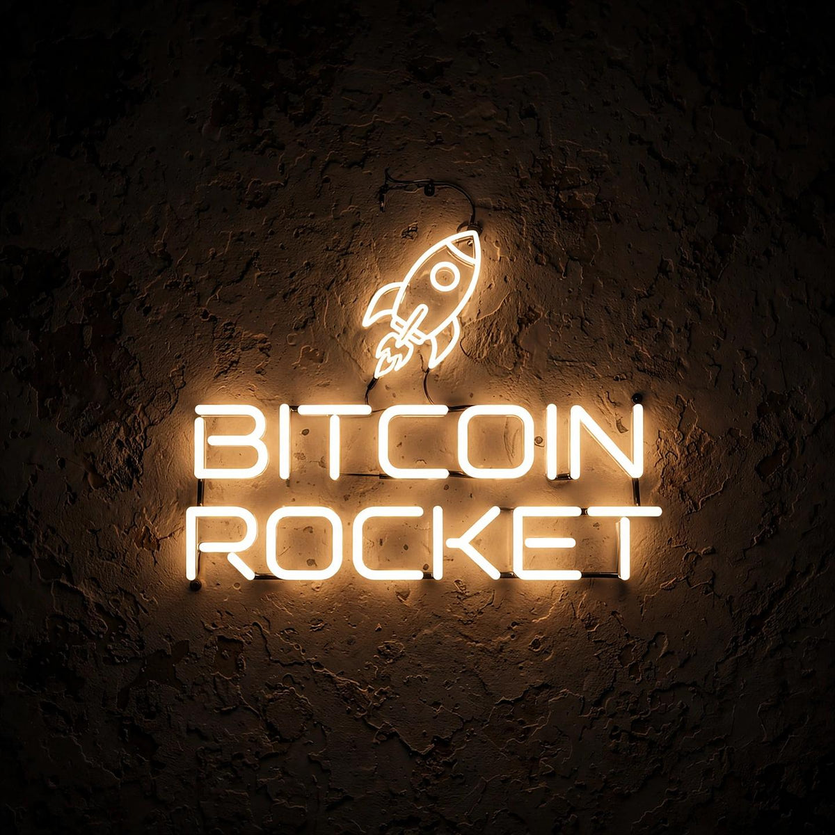 Bitcoin Rocket · LED Neon — Warmweiß